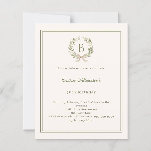 Ivory greenery wreath monogram Birthday invitation (Front)