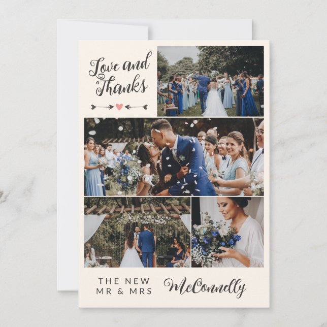 Ivory Grey Arrow Photo Collage Love Thanks Wedding Thank You Card (Front)