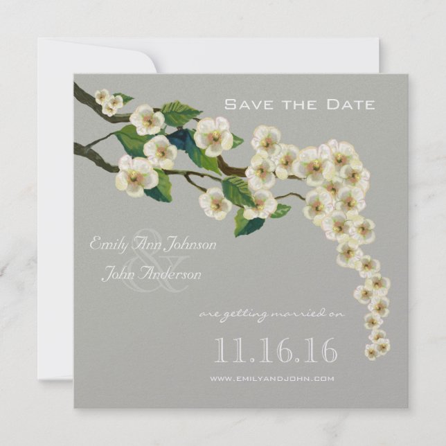 Ivory Grey Cherry Blossoms Branch Save the Date Invitation (Front)