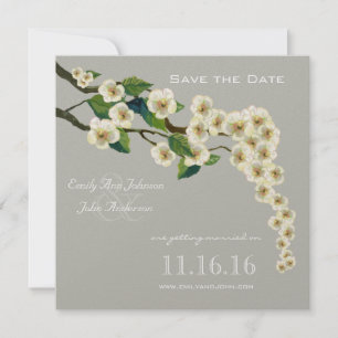 Ivory Grey Cherry Blossoms Branch Save the Date Invitation