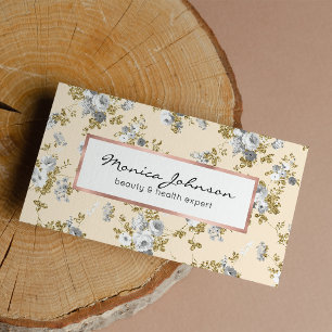 Ivory grey white gold glitter country boho floral business card