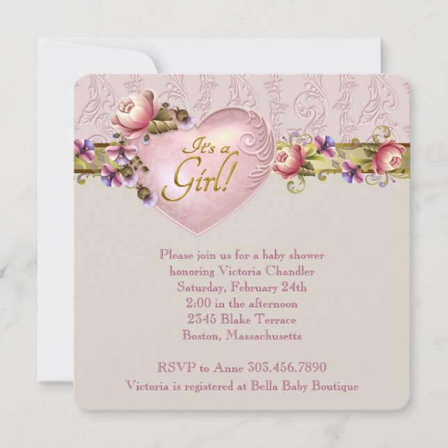 Ivory Heart Flower Pink Damask Baby Shower Invitation (Front)