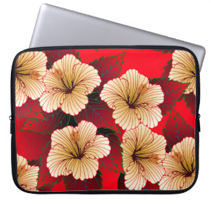 ivory hibiscus flowers seamless pattern on red laptop sleeve