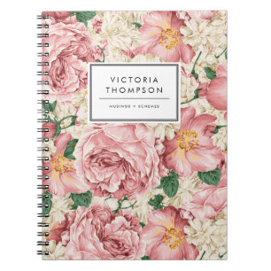 Ivory Hydrangeas and Pink Garden Roses Floral Notebook