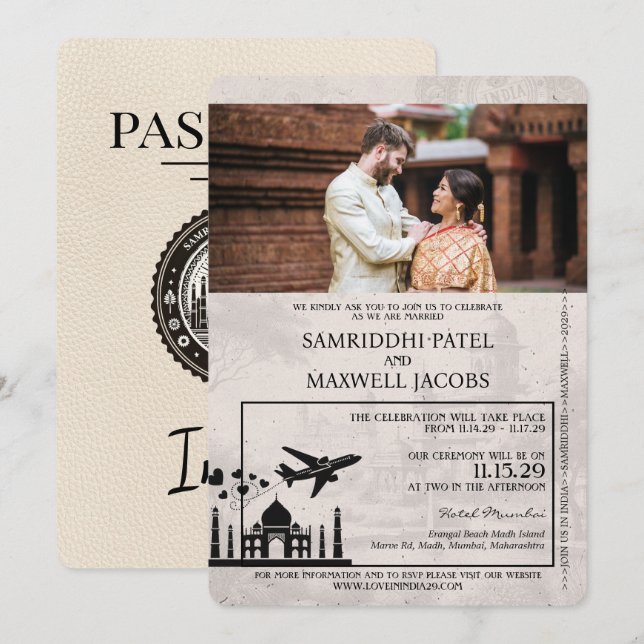 Ivory India Passport Wedding Invitation (Front/Back)