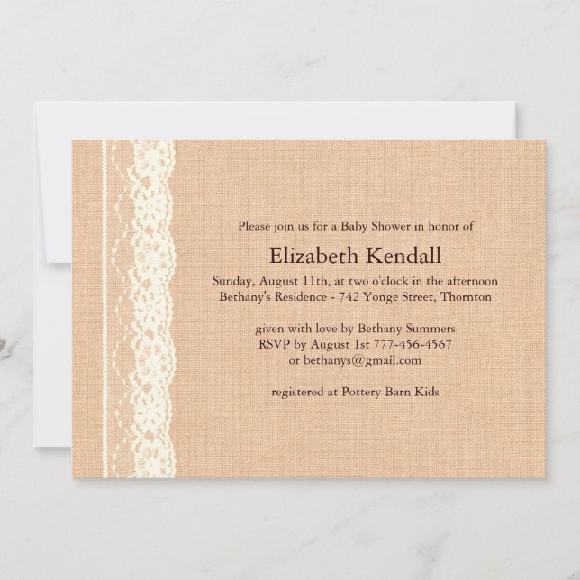 Ivory Lace and Burlap Baby Shower Invitation (Front)