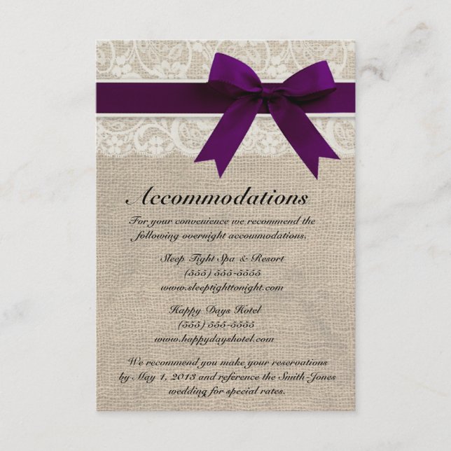 Ivory Lace and Burlap Look Plum Accommodation Card (Front)