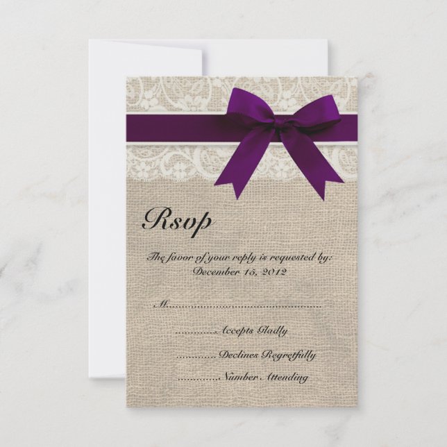 Ivory Lace and Burlap Look Plum RSVP Card (Front)