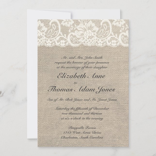 Ivory Lace and Burlap Wedding Invitation (Front)