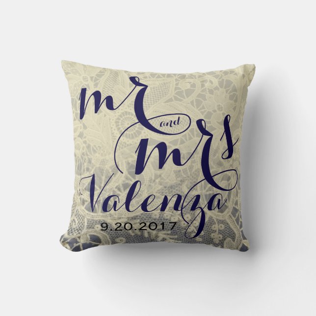 Ivory Lace Blue Two Tone Wedding Newlywed Gift Cushion (Front)