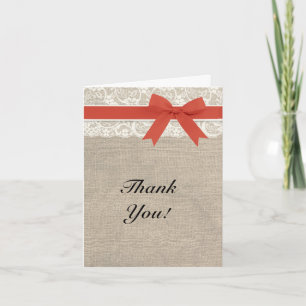 Ivory Lace Burlap and Persimmon Thank You Card
