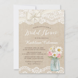 Ivory Lace Burlap Mason Jar Floral Bridal Shower Invitation