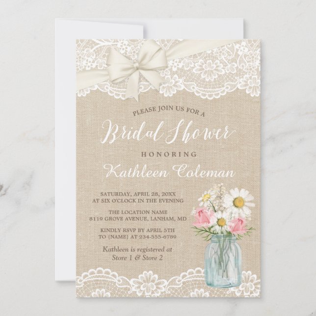 Ivory Lace Burlap Mason Jar Floral Bridal Shower Invitation (Front)