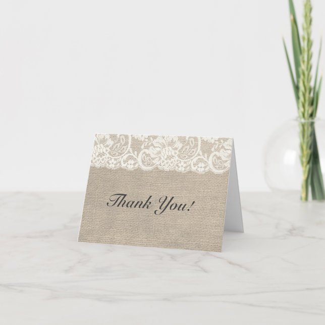 Ivory Lace & Burlap Rustic Wedding Thank You Card (Front)