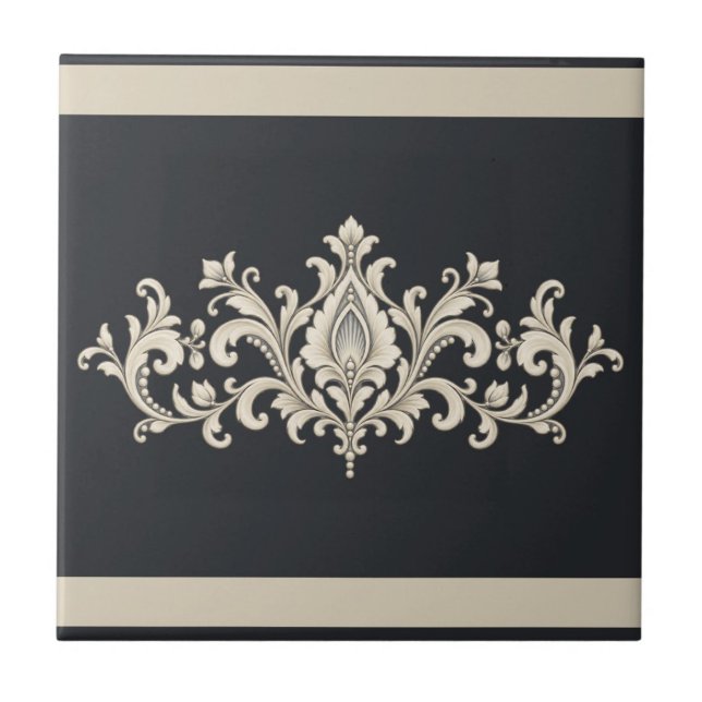 Ivory Lace Damask Custom Colour Frieze Tile (Original charcoal & warm ivory palette. Background and both bands can be personalized.)