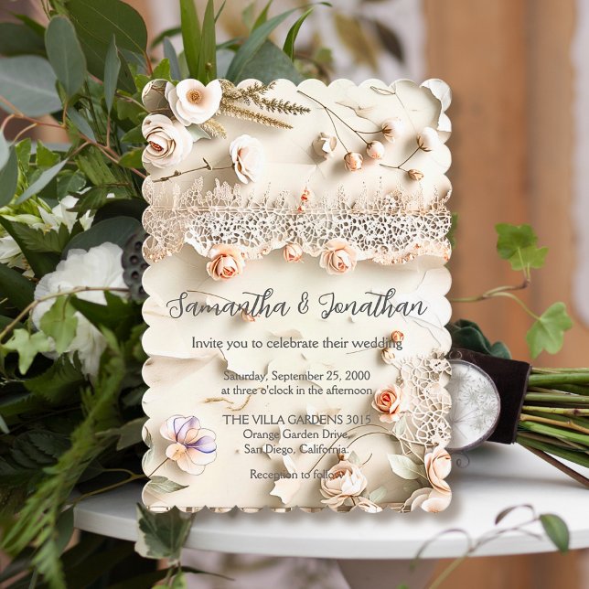 Ivory Lace Floral Photo Romantic Spring Wedding Invitation (Creator Uploaded)