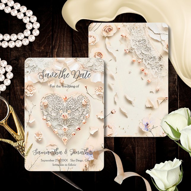Ivory Lace Heart Floral Romantic Spring Softly Save The Date (Creator Uploaded)