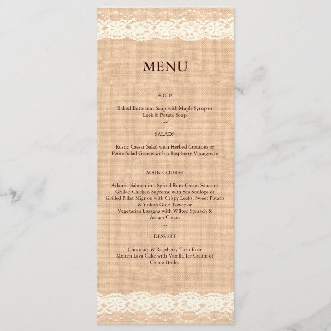 Ivory Lace & Light Burlap Menu (Front)