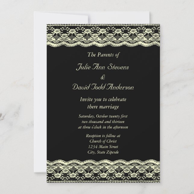 Ivory Lace on Black Wedding Invitation (Front)