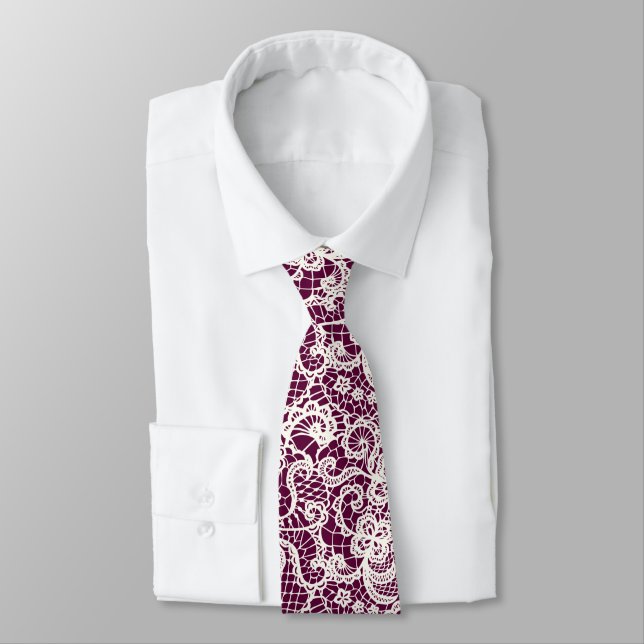 Ivory Lace Pattern on Maroon Tie (Tied)