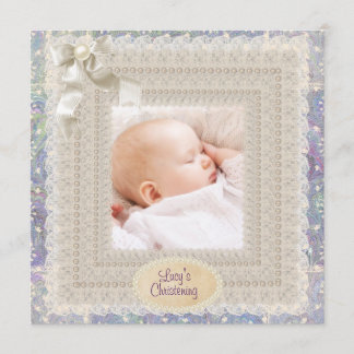 Ivory Lace Pearls Pink Purple Girls Photo Christen Invitation