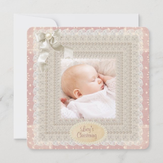 Ivory Lace Pink Pearl Girls Pink Photo Christening Invitation (Front)