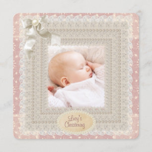 Ivory Lace Pink Pearl Girls Pink Photo Christening Invitation