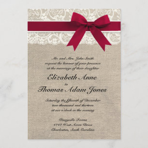 Ivory Lace Red Ribbon Burlap Wedding Invitation