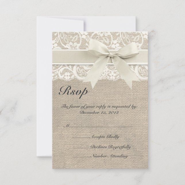 Ivory Lace Ribbon and Burlap Wedding RSVP Card (Front)