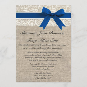 Ivory Lace Royal Blue Burlap Wedding Reception Invitation
