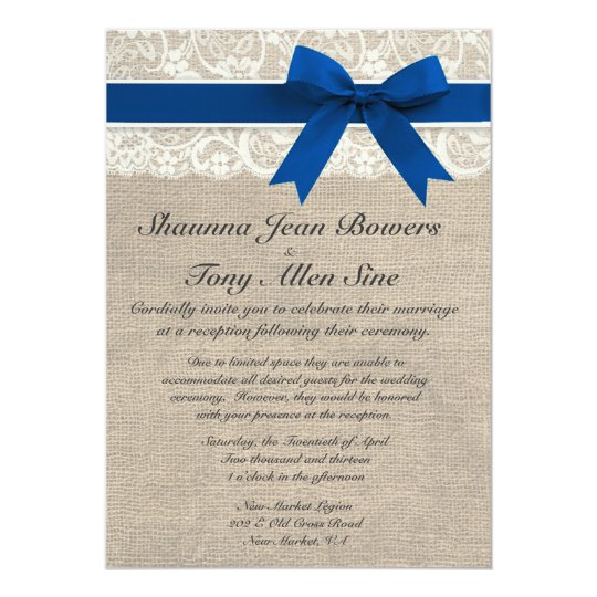 Ivory Lace Royal Blue Burlap Wedding Reception Invitation