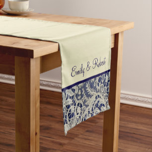 Ivory Lace Royal Navy Blue Formal Reception Short Table Runner