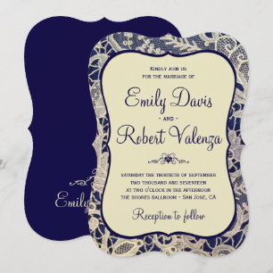 Ivory Lace Royal Navy Blue Modern Formal Wedding Invitation