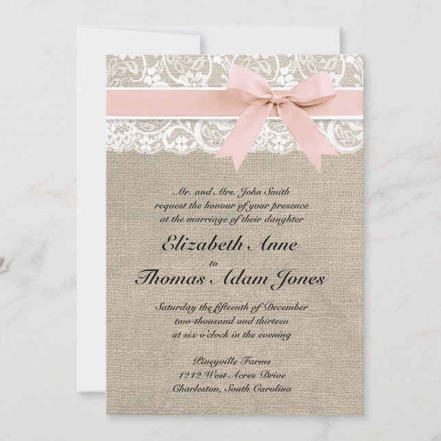 Ivory Lace Rustic Burlap Wedding Invitation- Peach Invitation (Front)