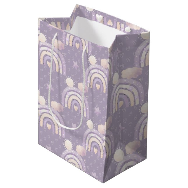 Ivory Lavender Boho Rainbow Baby Girl Shower Gift Medium Gift Bag (Front Angled)