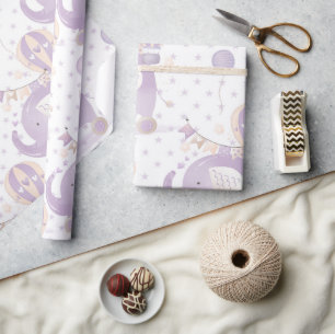 Ivory Lavender Elephant Balloon Baby Girl Shower Wrapping Paper