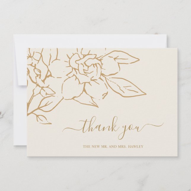 Ivory Line Art Floral Elegant Wedding Thank You Card (Front)
