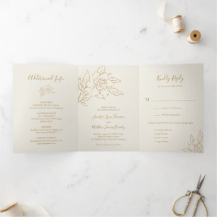 Ivory Line Art Floral Elegant Wedding Tri-Fold Invitation