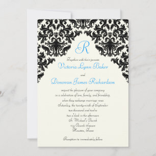 Ivory Linen and Black Damask Monogrammed Invite