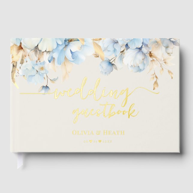 Ivory Linen Dusty Blue Floral Wedding Guest Book (Front)