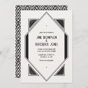Ivory Linen & Jet Black Art Deco Wedding Photo Invitation