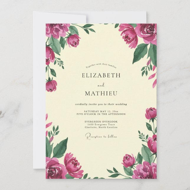 Ivory Magenta Peony Wedding Invitation (Front)