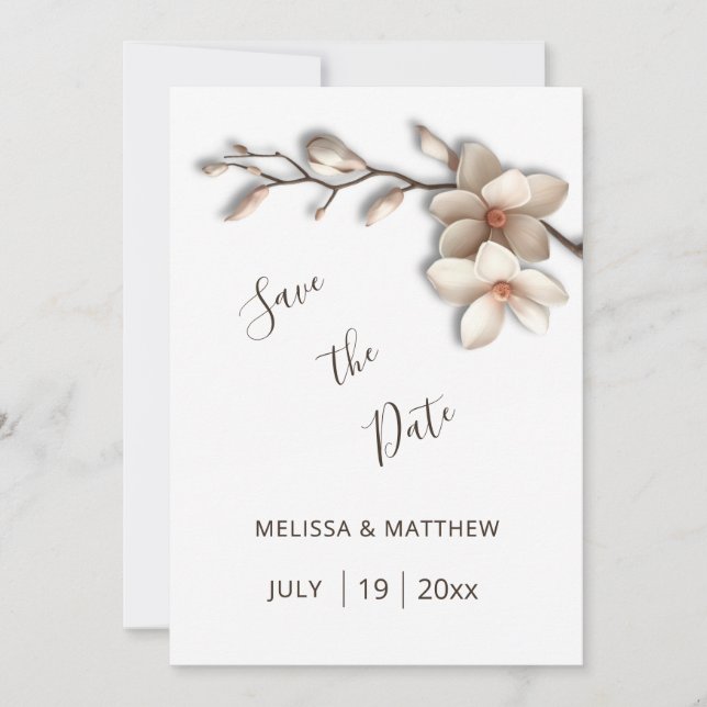Ivory Magnolia 3D Flowers Save The Date (Front)