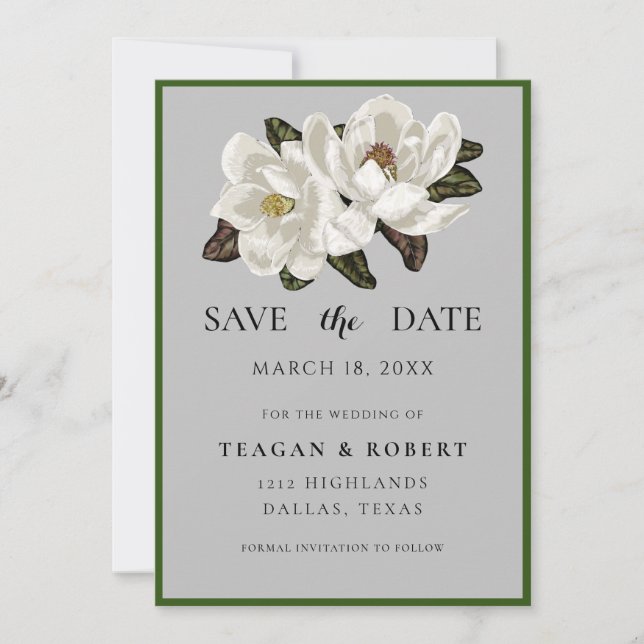 Ivory Magnolia blossoms on grey Save The Date (Front)