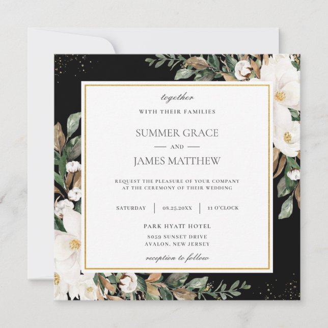 Ivory Magnolias Cotton Floral Greenery Wedding Invitation (Front)