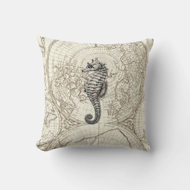 Ivory Map Black Seahorse Illustration Sealife Cushion (Front)