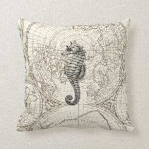 Ivory Map Black Seahorse Illustration Sealife Cushion