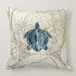 Ivory Map Blue Turtle Illustration Sealife Cushion