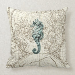 Ivory Map Green Seahorse Illustration Sealife Cushion