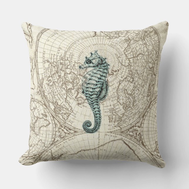 Ivory Map Green Seahorse Illustration Sealife Cushion (Front)
